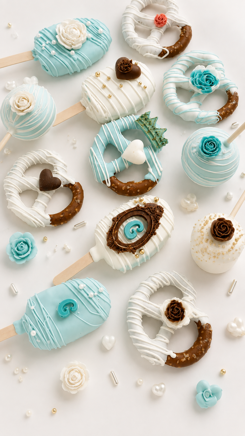 Styled flat lay of cakesicles, pretzels and cake pops with pearl accents