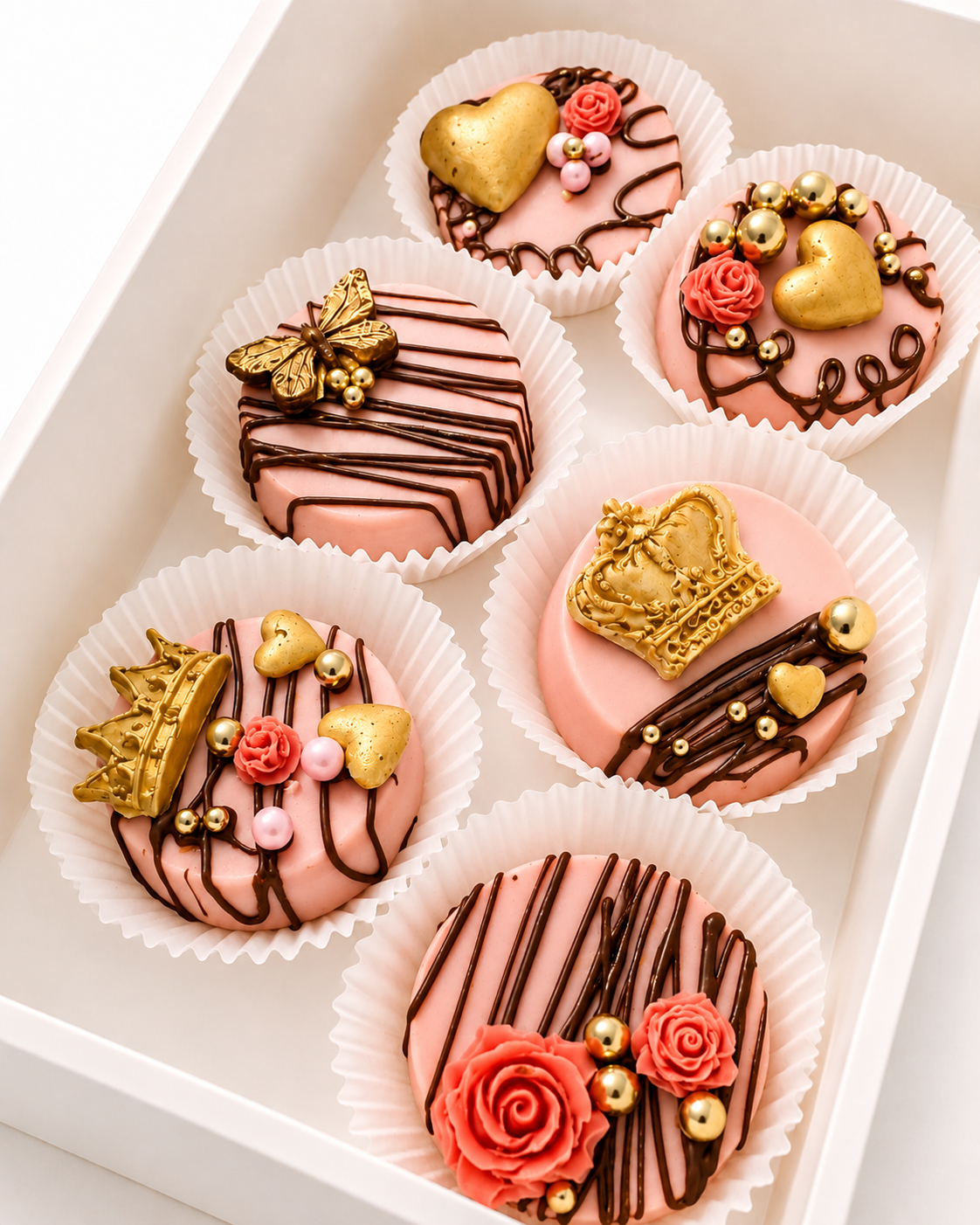 Elegant blush pink and gold chocolate-covered Oreo collection with butterfly, crown, hearts and roses