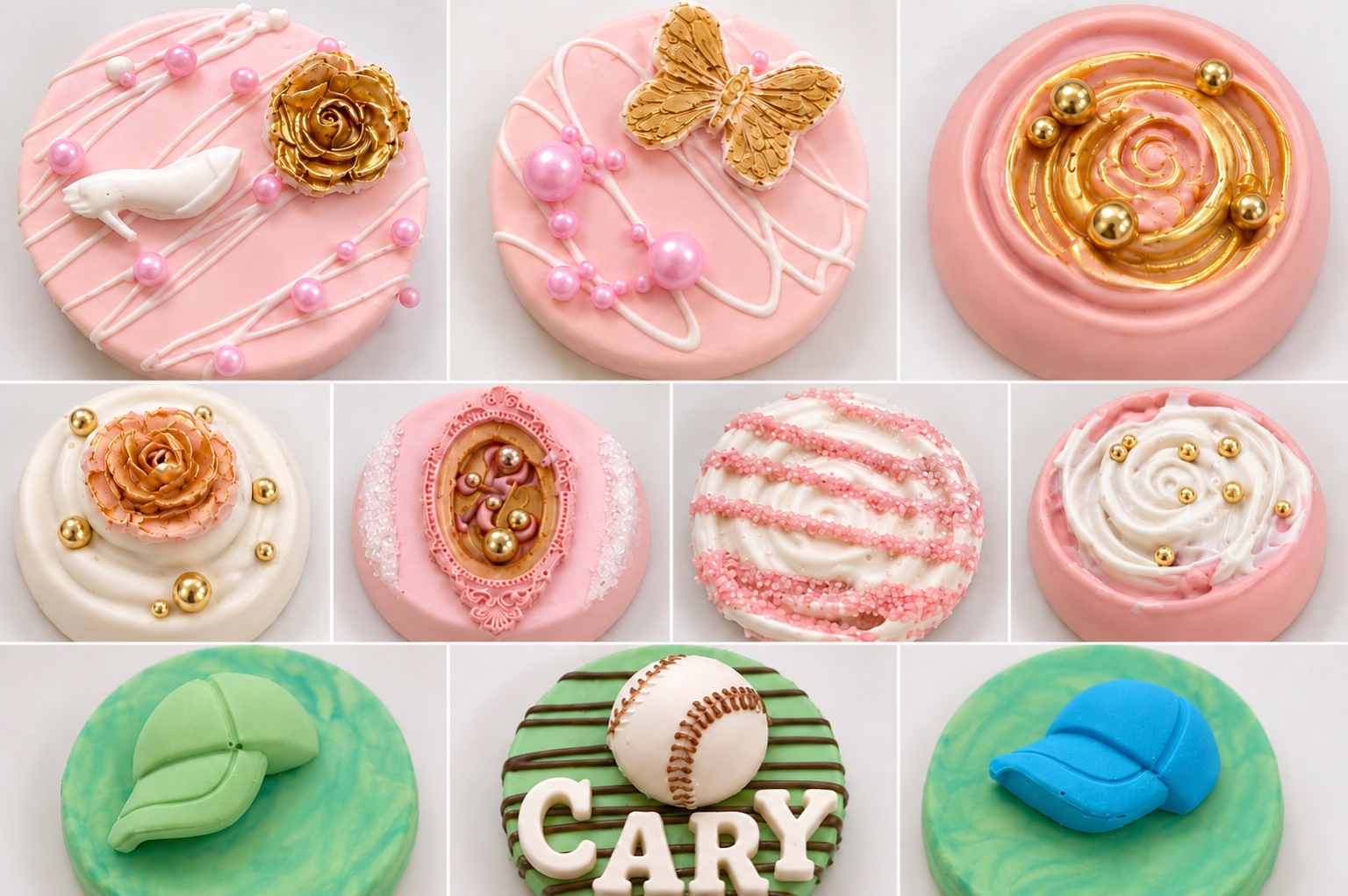 Collection of pink, gold and green custom chocolate-covered Oreo designs with floral, butterfly and baseball themes