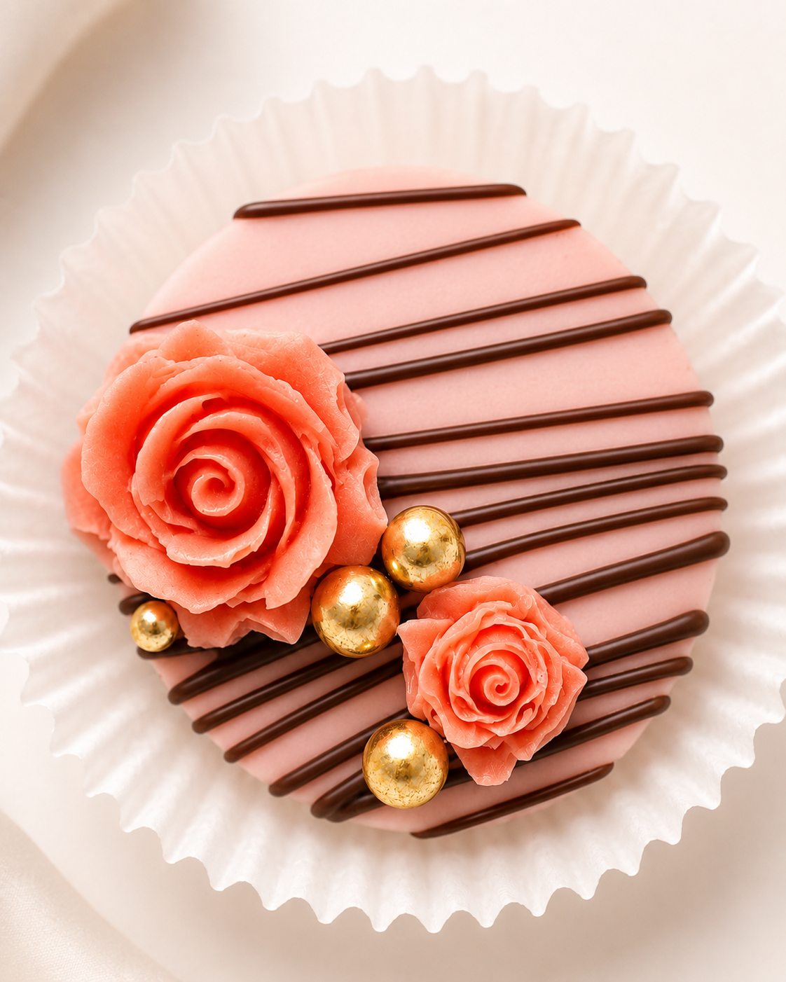 Blush pink chocolate-covered Oreo with chocolate drizzle, coral roses and gold pearls