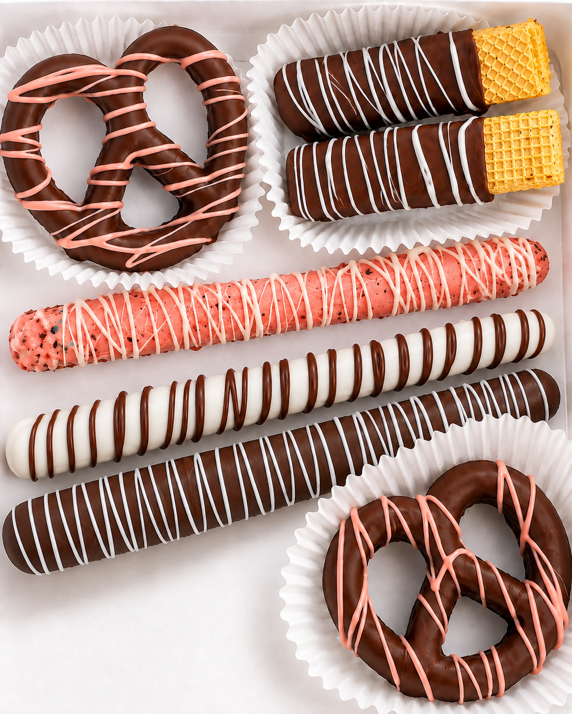 Polished chocolate-covered pretzel rods, twist pretzels and wafers