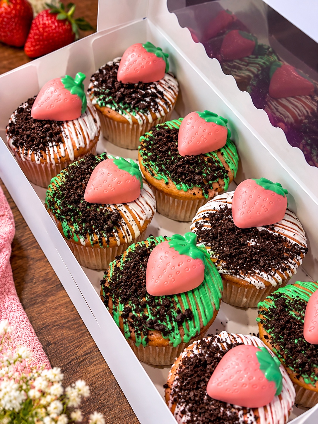 Strawberry Oreo Cupcakes in a bakery box