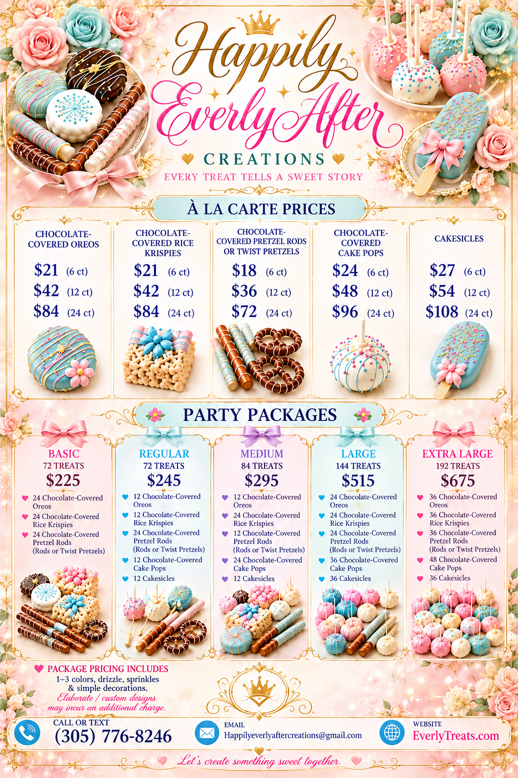Happily Everly After Creations full menu and party package flyer