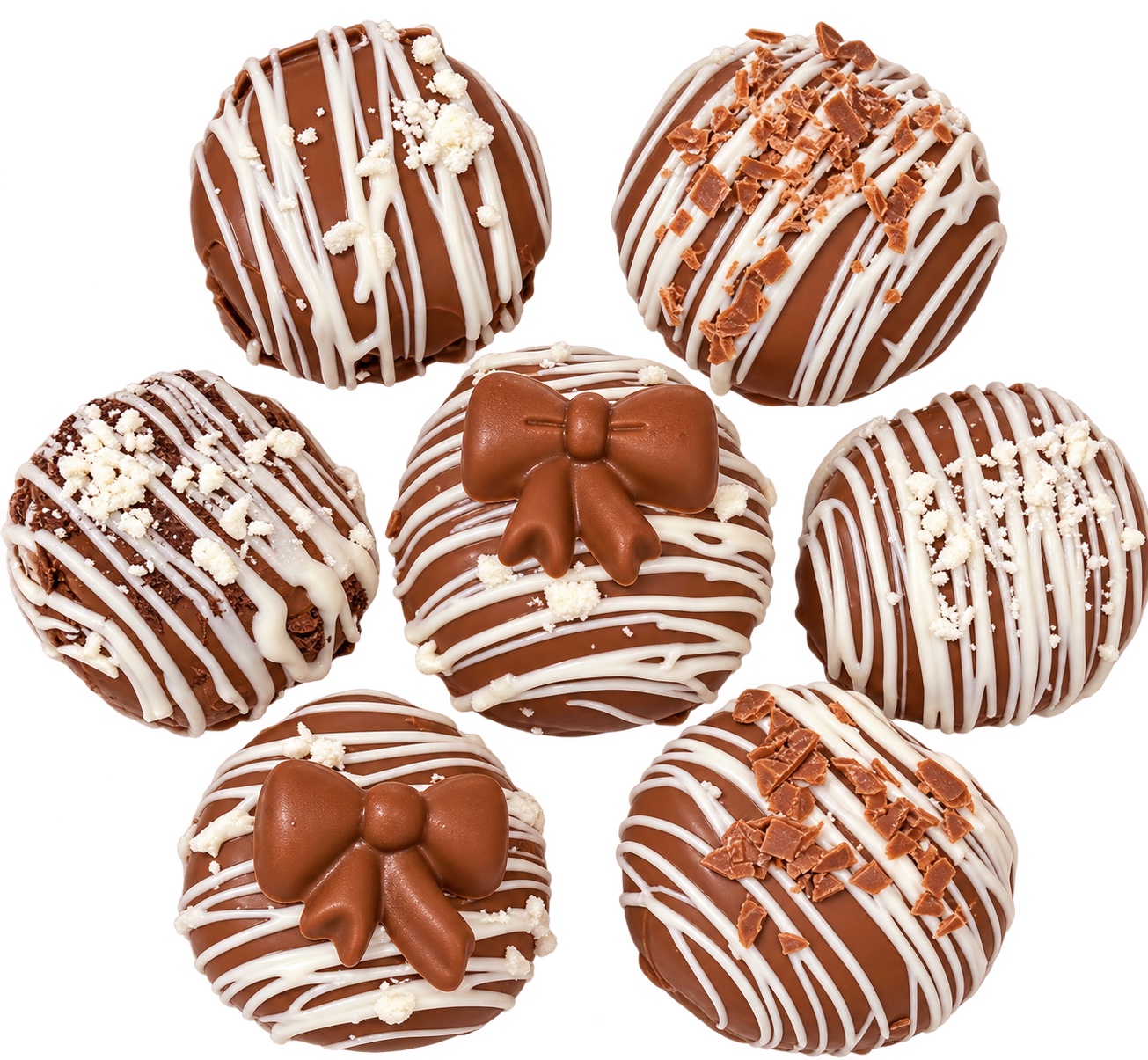 Seven Nutella Oreo Chocolate Truffles with white chocolate drizzle